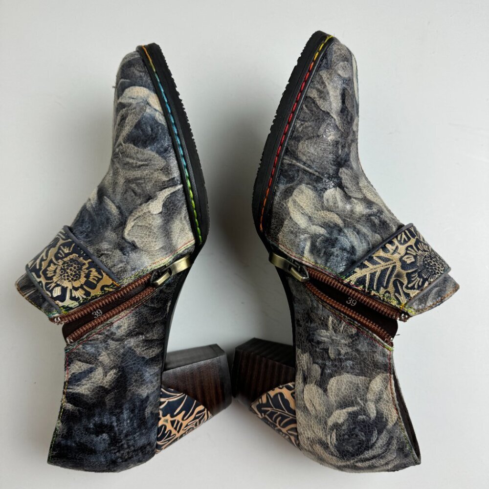NWOT Gray Embossed Floral Buckle Leather Side Zip Loafer Bootie - Picture 14 of 14